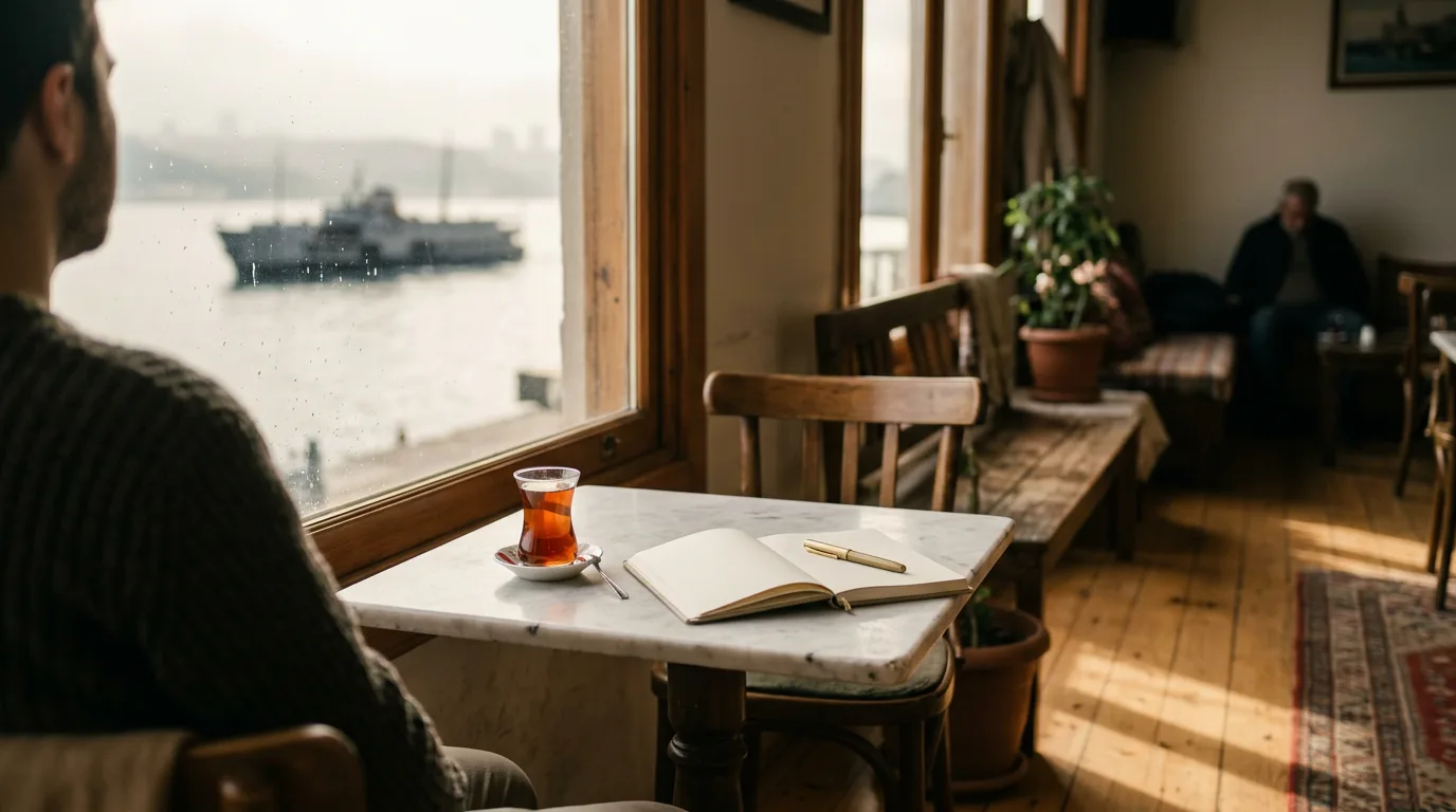 İstanbul'da sakin bir kafede, pencere kenarındaki mermer masada çay ve açık defter.