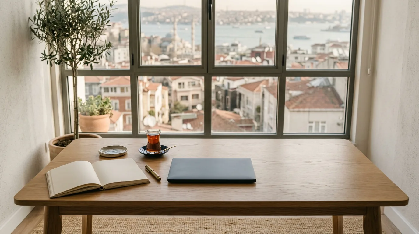 Istanbul çatılarına bakan pencerenin önünde, defter, kalem ve çay bardağıyla düzenli bir çalışma masası.